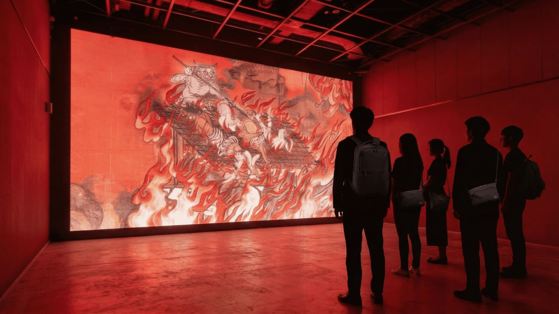 Moving hell paintings, shown as digital art on the large screen