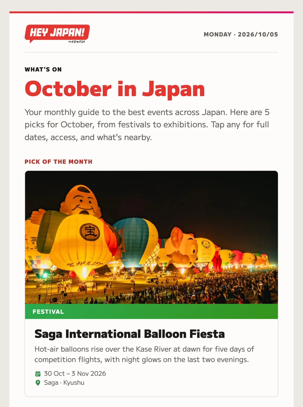 The top of the October 2026 issue: October in Japan, five picks, with the Saga International Balloon Fiesta as the pick of the month