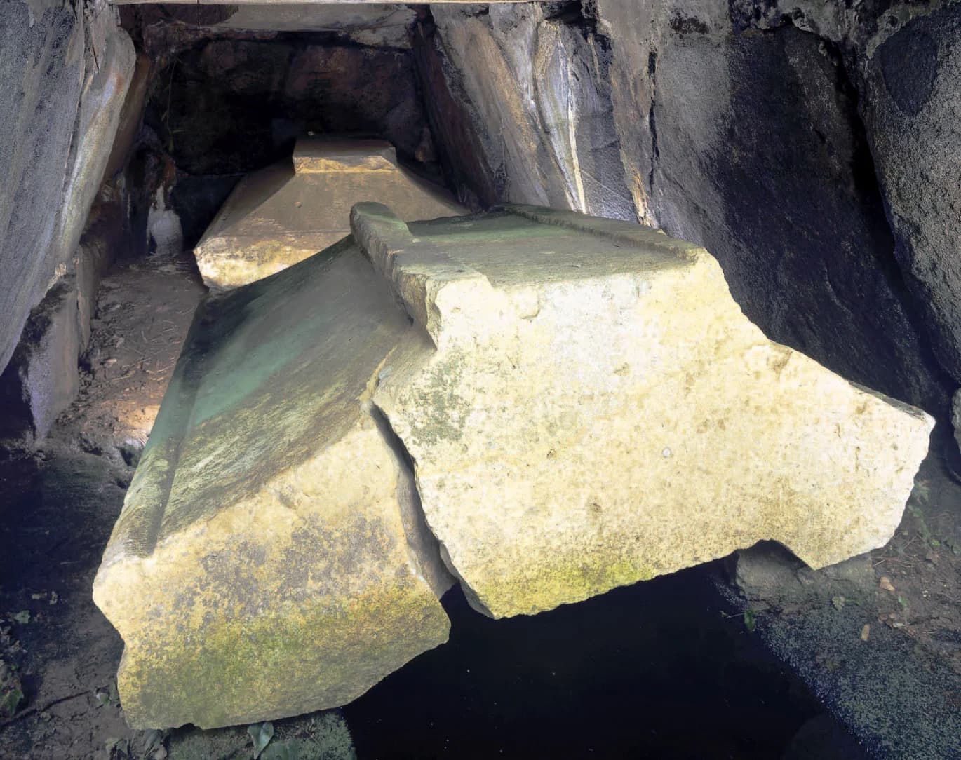The twin house-shaped sarcophagi inside the burial chamber – Shobuike Kofun, Asuka-Fujiwara, Nara