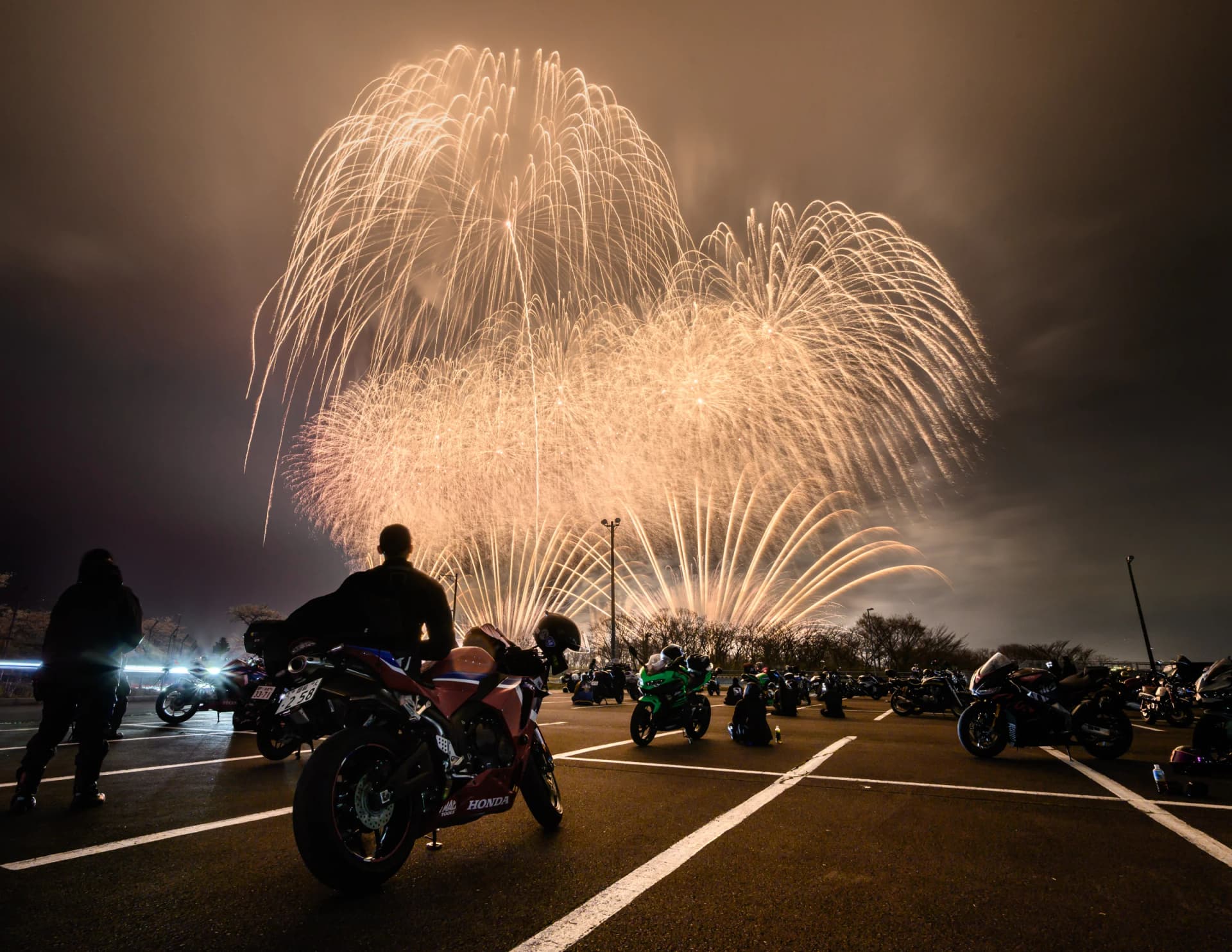 Mount Fuji Fireworks vs Speedway Motorcycle Circuit View