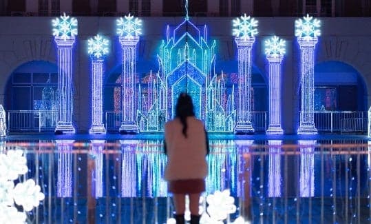 A woman looking at a palace front of blue and white lights with snowflake-topped columns reflected in water
