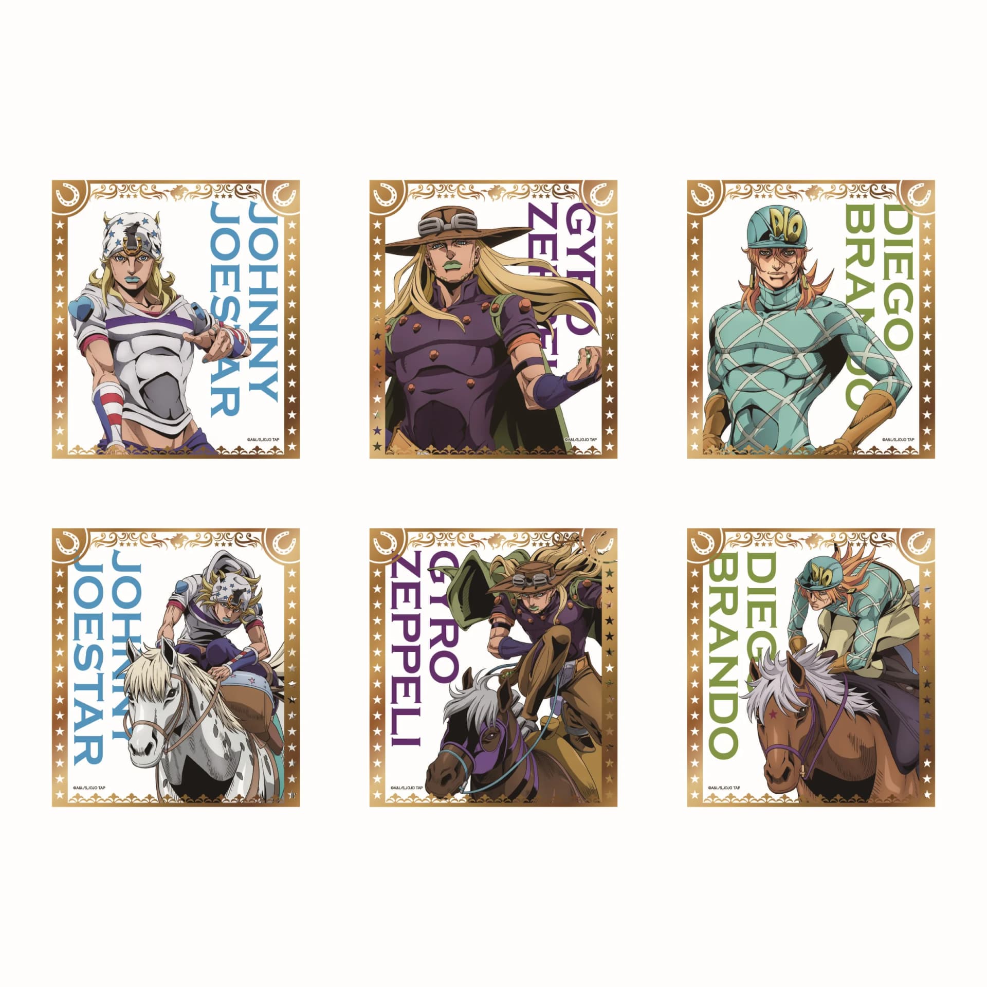 Set of six character art panels from JoJo’s Bizarre Adventure Part 7: Steel Ball Run — Johnny Joestar, Gyro Zeppeli, and Diego Brando
