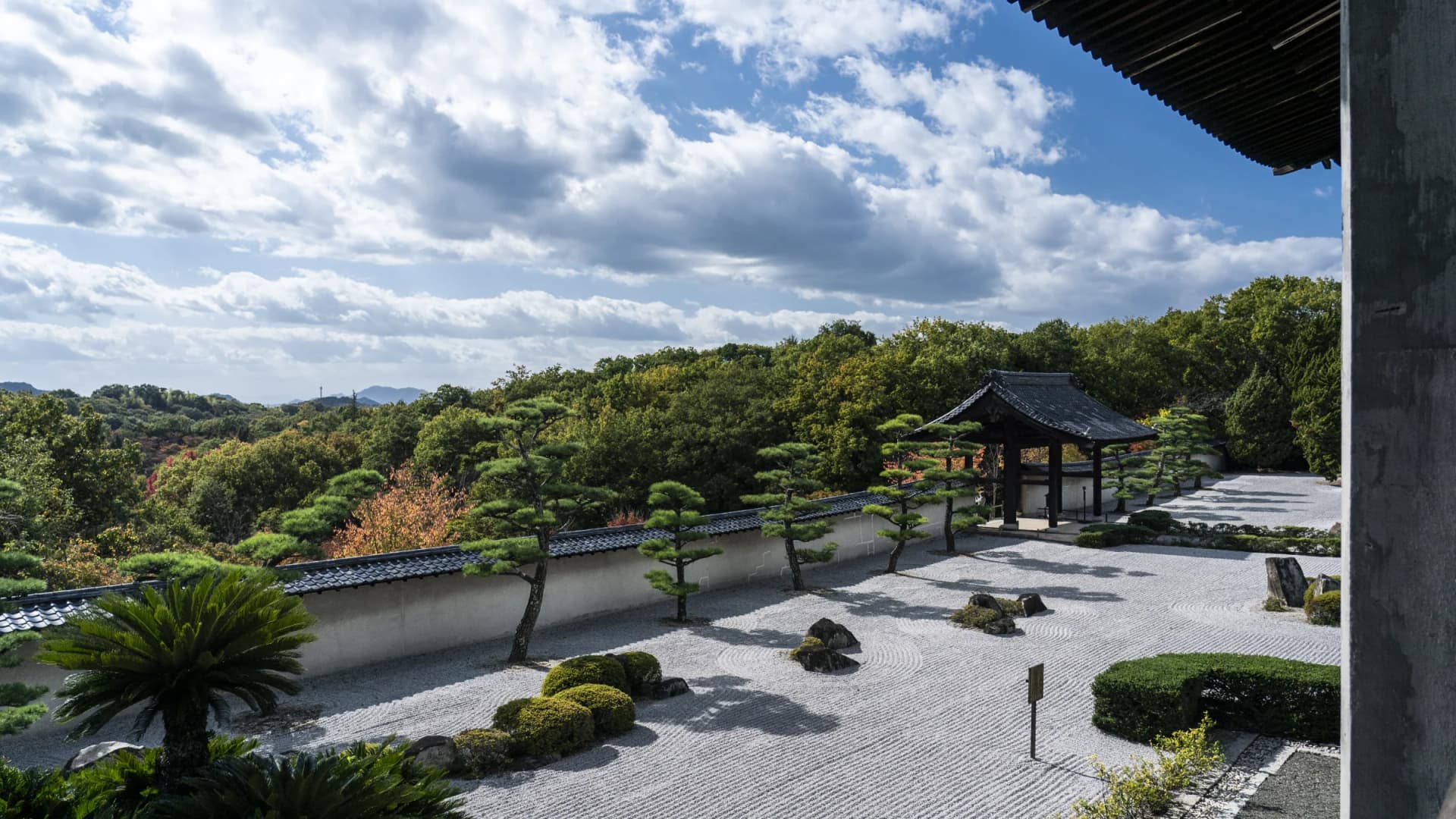 The raked gravel Zen garden of Shinshoji Temple, Hiroshima
