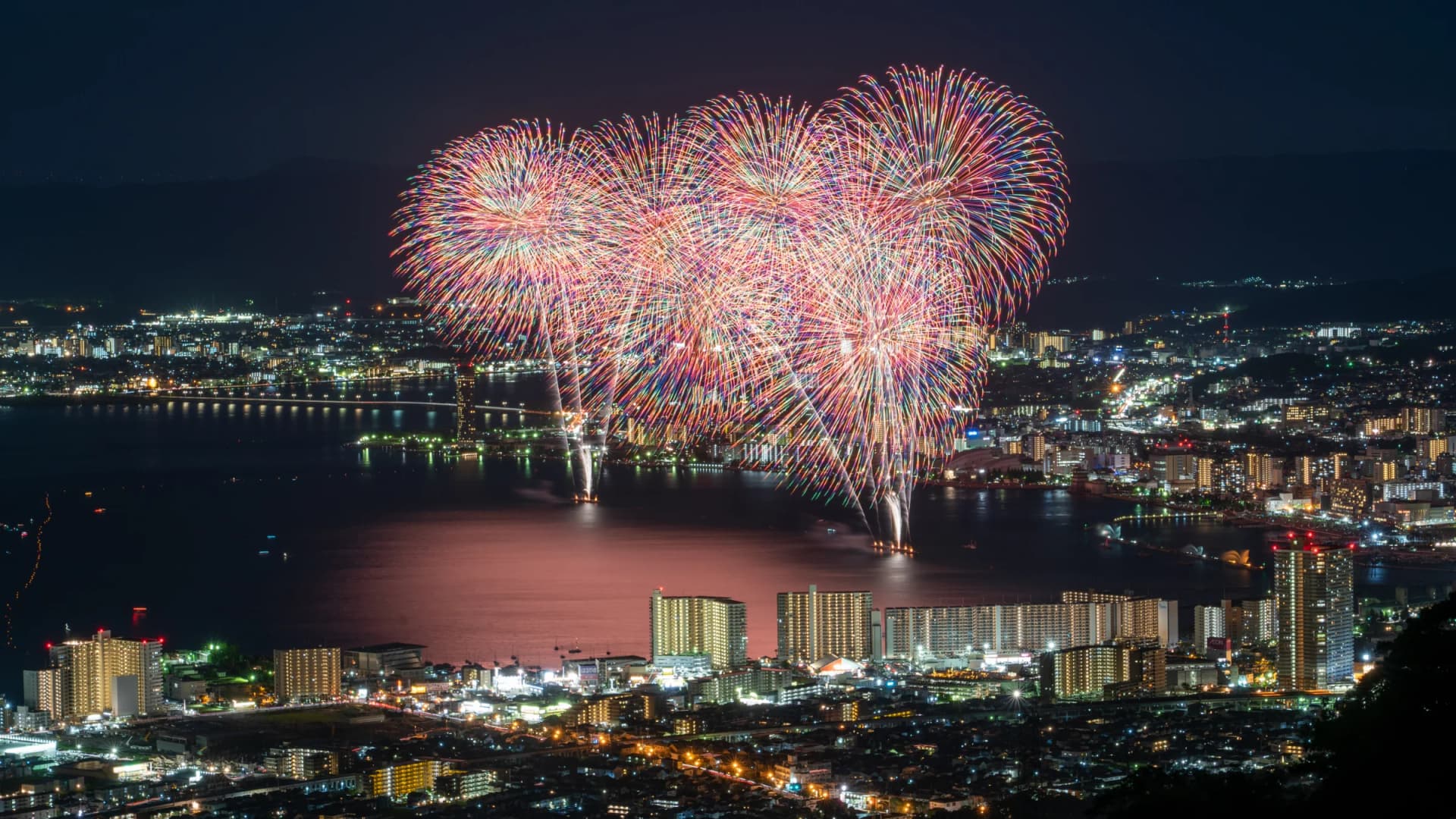 Fireworks above the city and lake, Otsu, Shiga