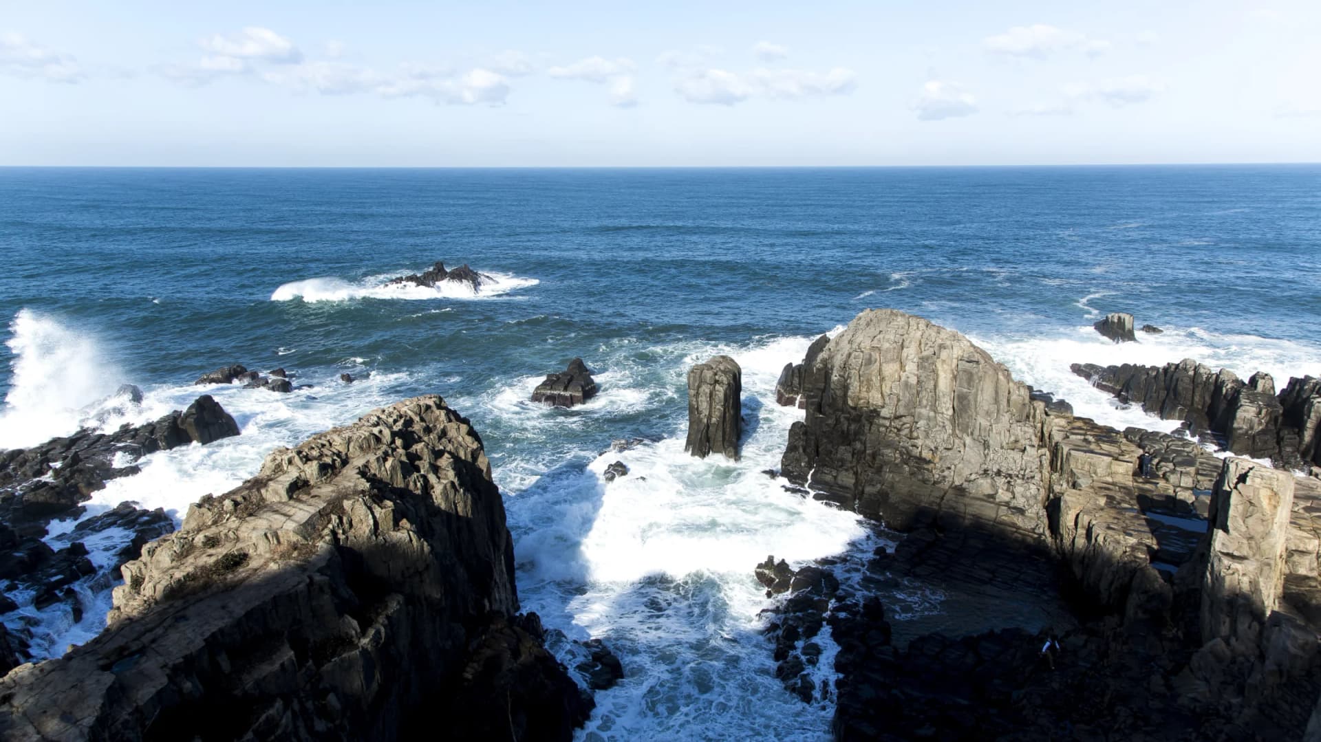 Waves breaking against the rocks of Tojinbo in winter, Sakai, Fukui