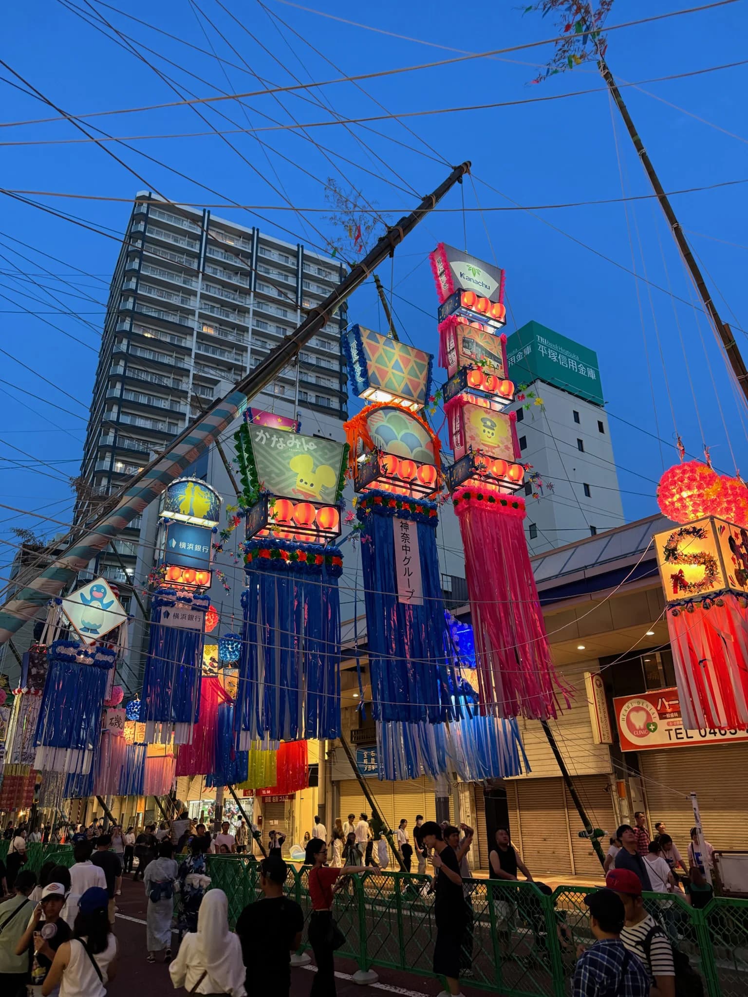 Illuminated streamers and lanterns at Hiratsuka Tanabata Festival