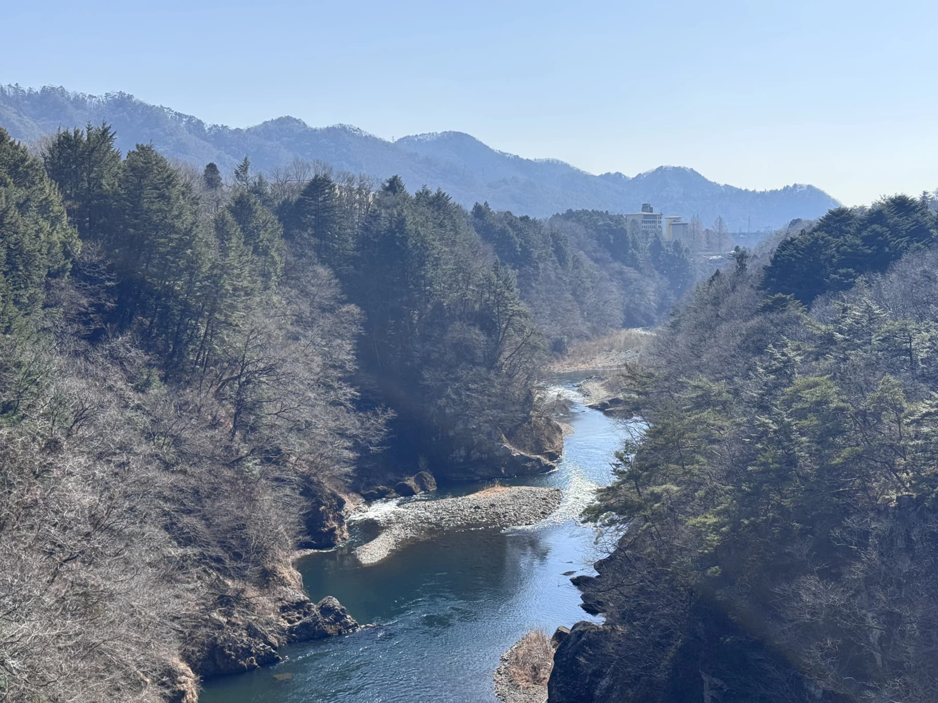 The Kinugawa river winding through its gorge below the hot spring resort, Nikko, Tochigi
