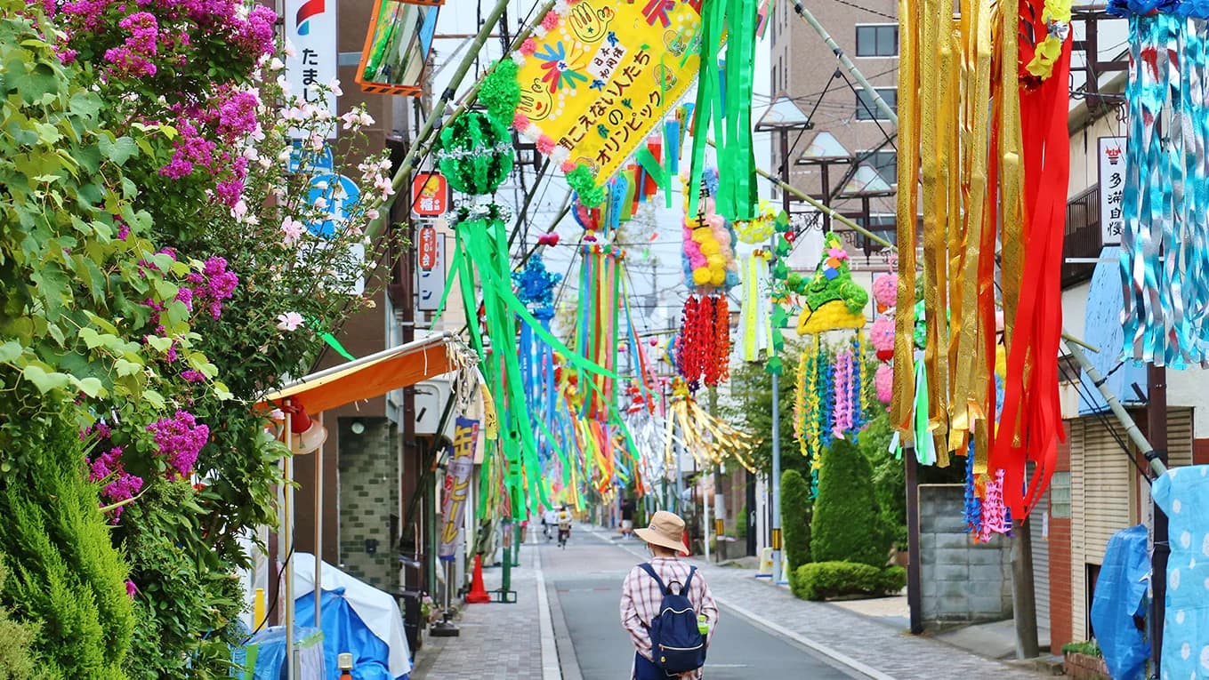Colourful streamers over the shopping street – Fussa Tanabata Festival, Fussa, Tokyo
