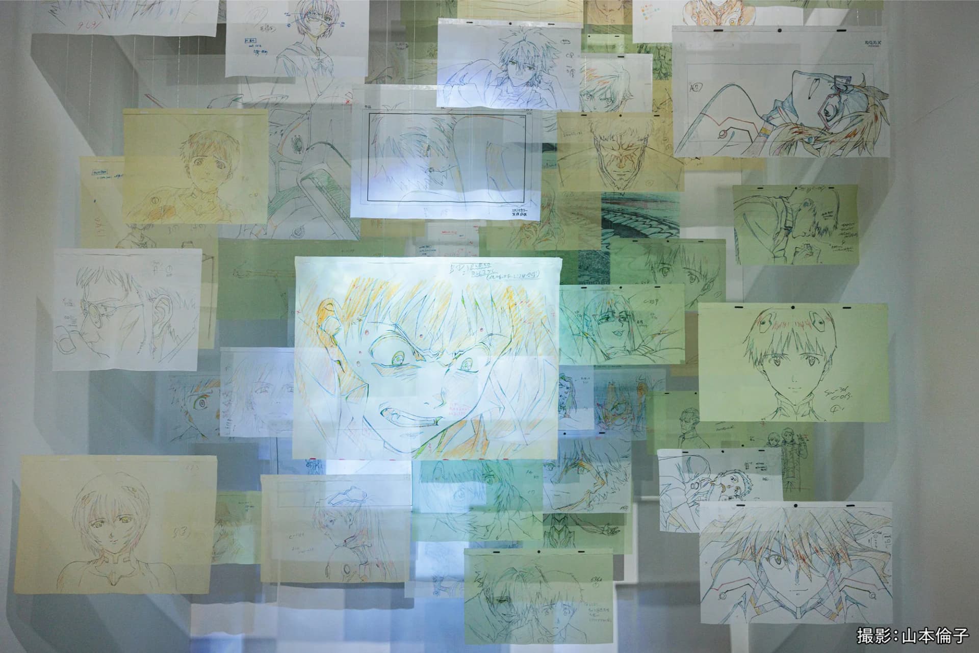 Chapter 4 of the exhibition: layered key animation drawings suspended in the air