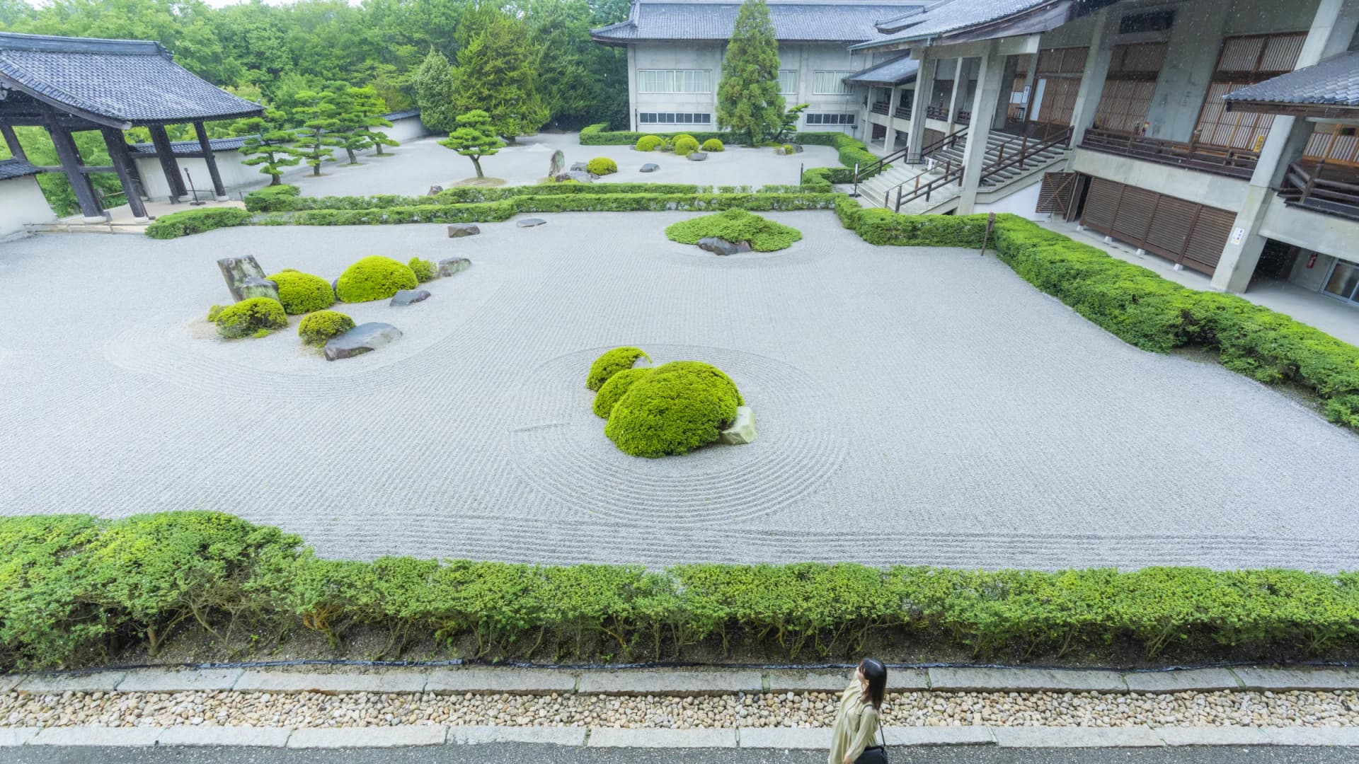The raked gravel Zen garden at Shinshoji Zen Museum and Gardens, Hiroshima