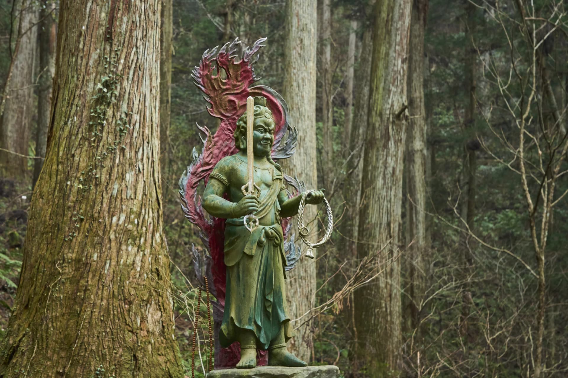 A weathered statue of Fudo Myoo stands among the cedars at Iwayaji Temple