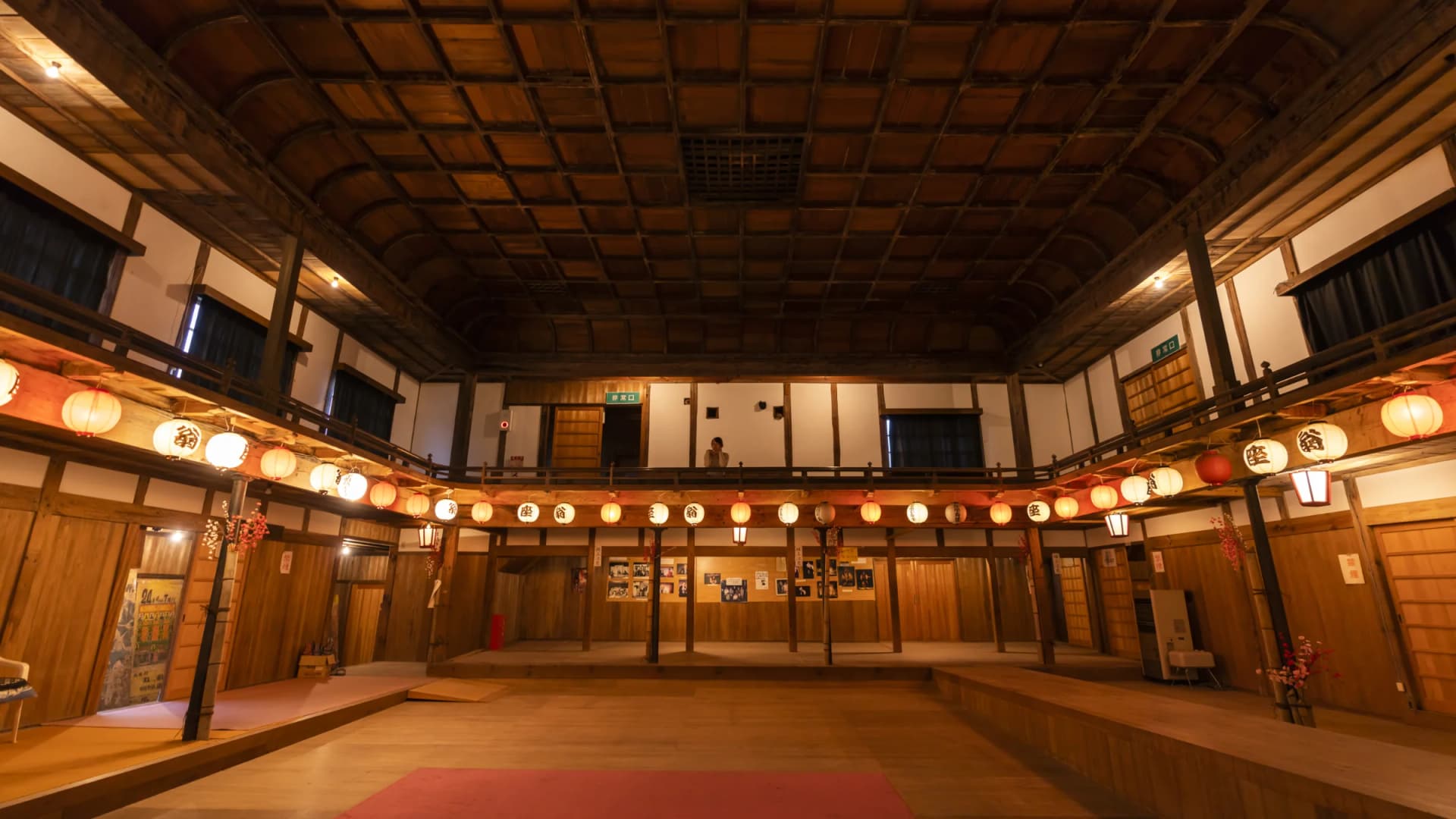Lantern-lit wooden interior of the historic Okinaza theater, Hiroshima
