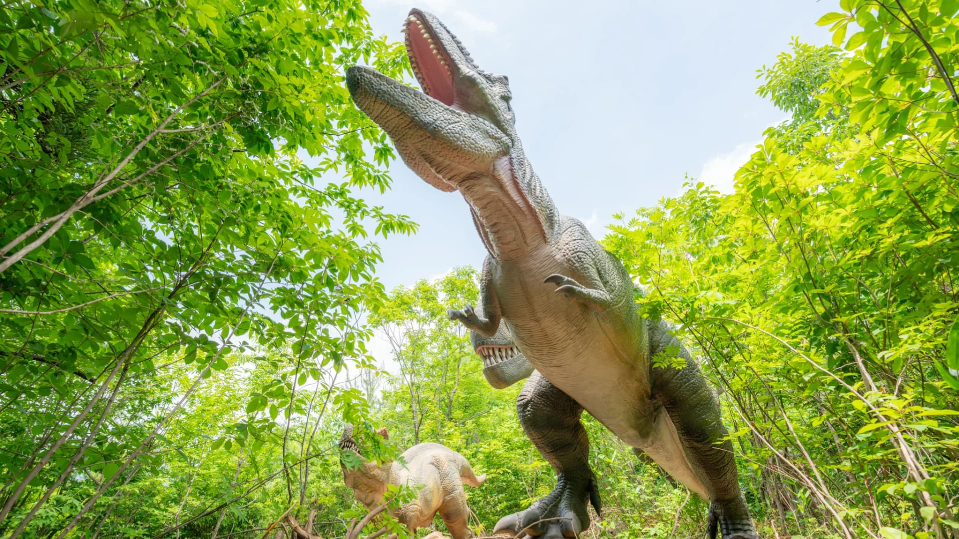 Life-size dinosaurs in the walk-through forest, Katsuyama Dino Park, Katsuyama, Fukui