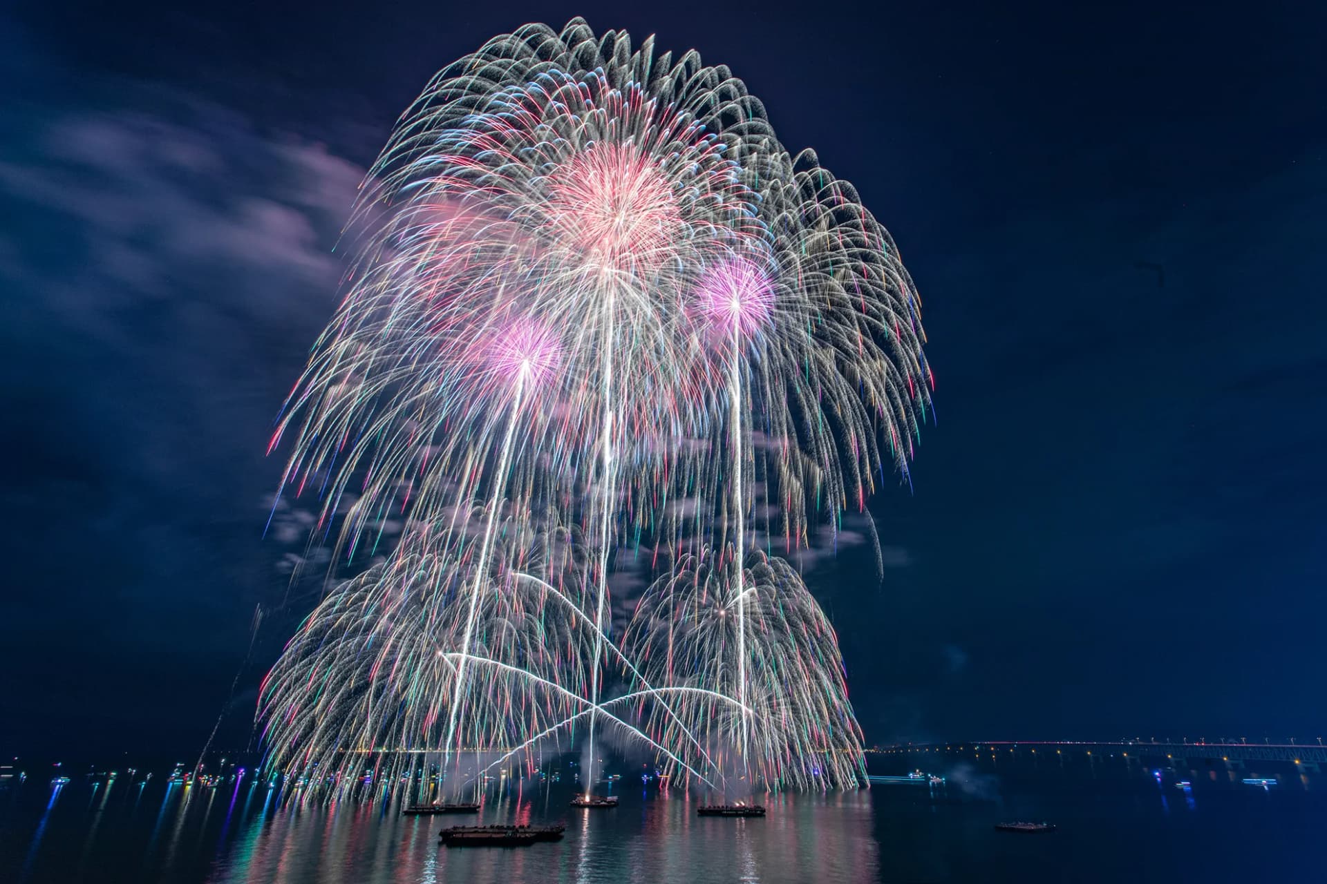A large willow-style firework cascades over the bay at a previous Osaka Art Fireworks event