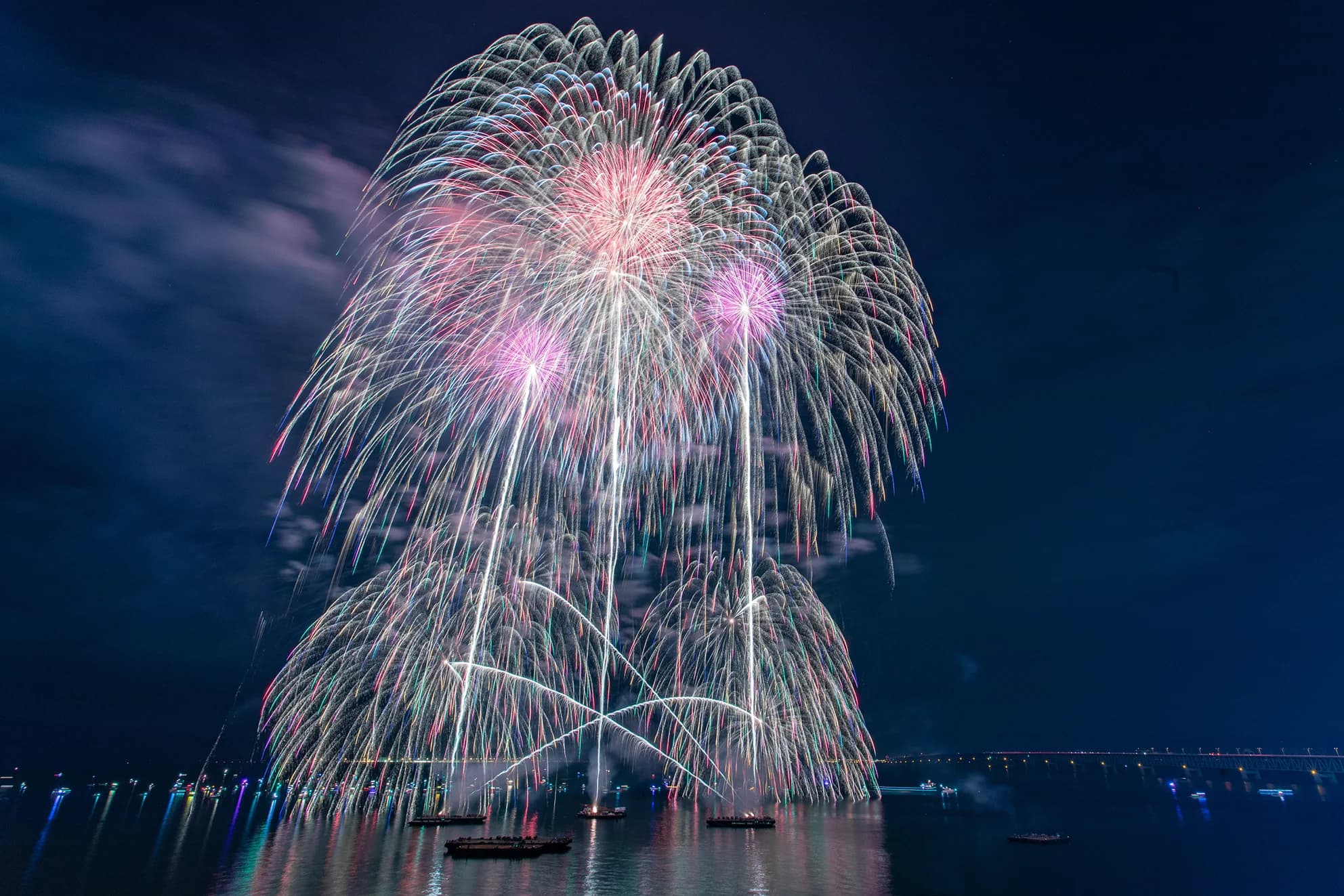 A large willow-style firework cascades over the bay at a previous Osaka Art Fireworks event