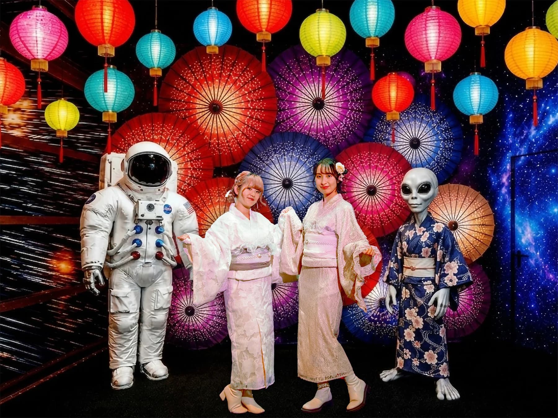 Colourful lanterns and traditional wagasa at Planet Aqua Port, Hirakata Park, Osaka