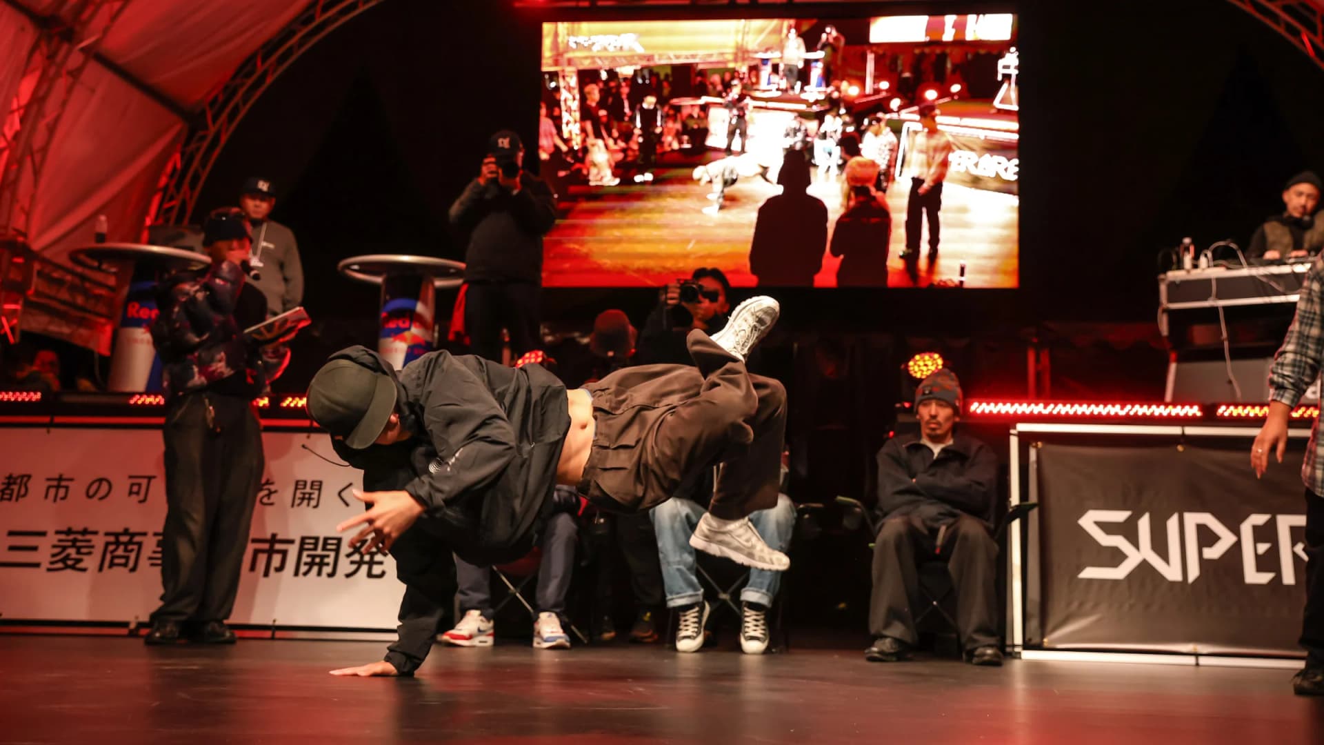 A B-Boy mid-freeze during a breaking battle – Yokohama Urban Sports Festival, Yokohama, Kanagawa