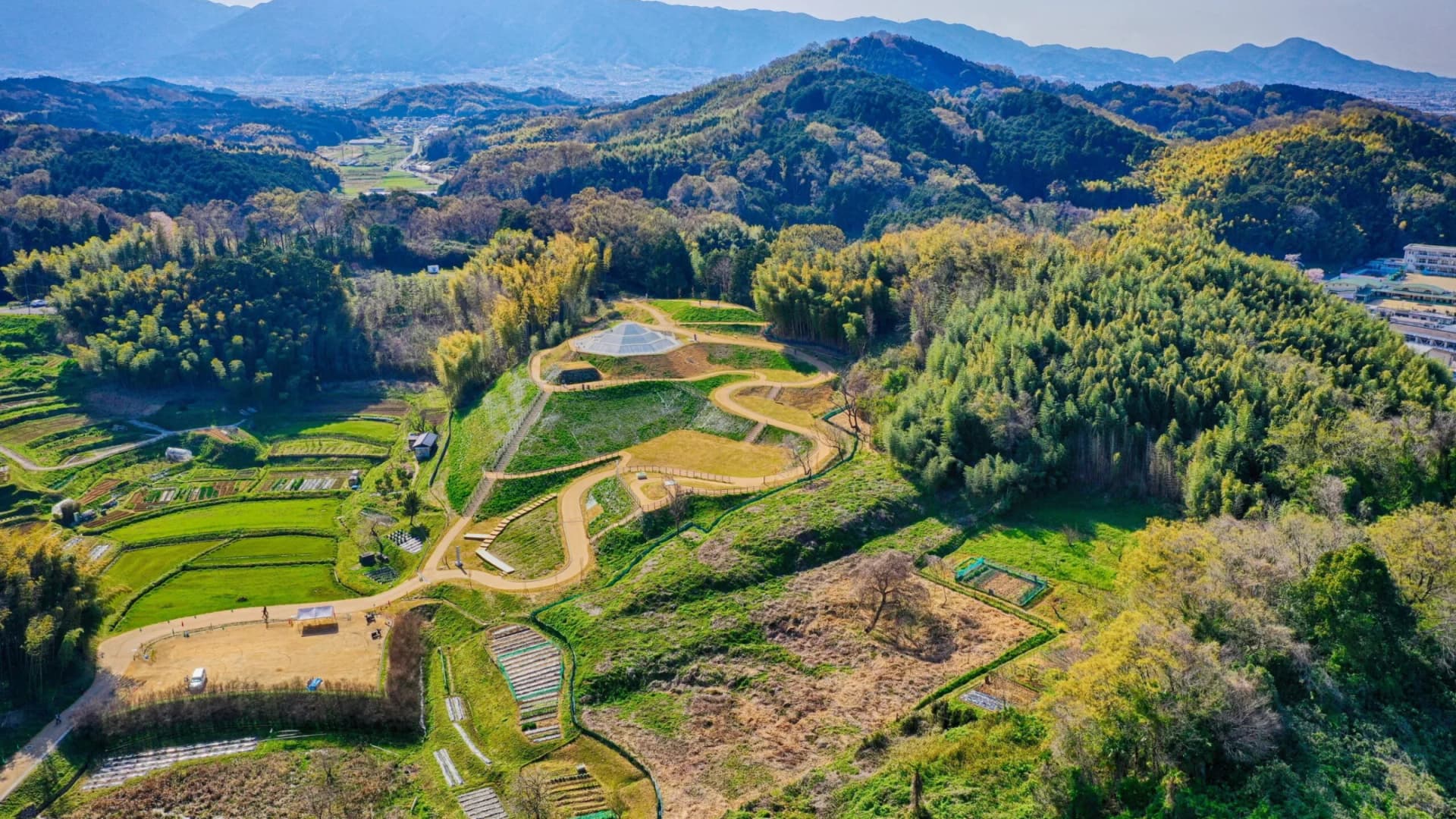 The restored octagonal tomb from the air – Kengoshizuka Kofun, Asuka-Fujiwara, Nara