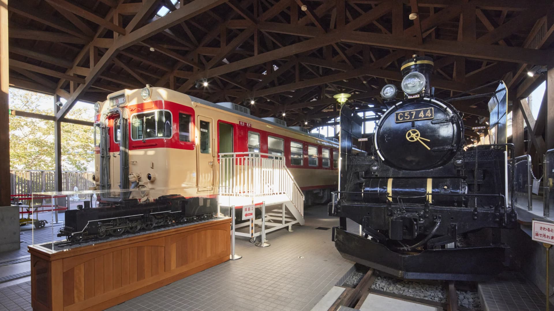 Vintage rolling stock on display at the Railway History Park in Saijo, Ehime