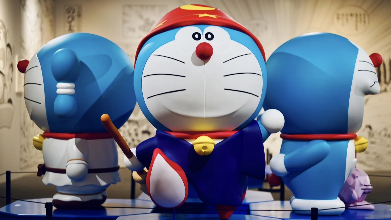 “The World of Doraemon: Long Stories” installation at 100% Doraemon & Friends in Tokyo, featuring life-sized Doraemon figures