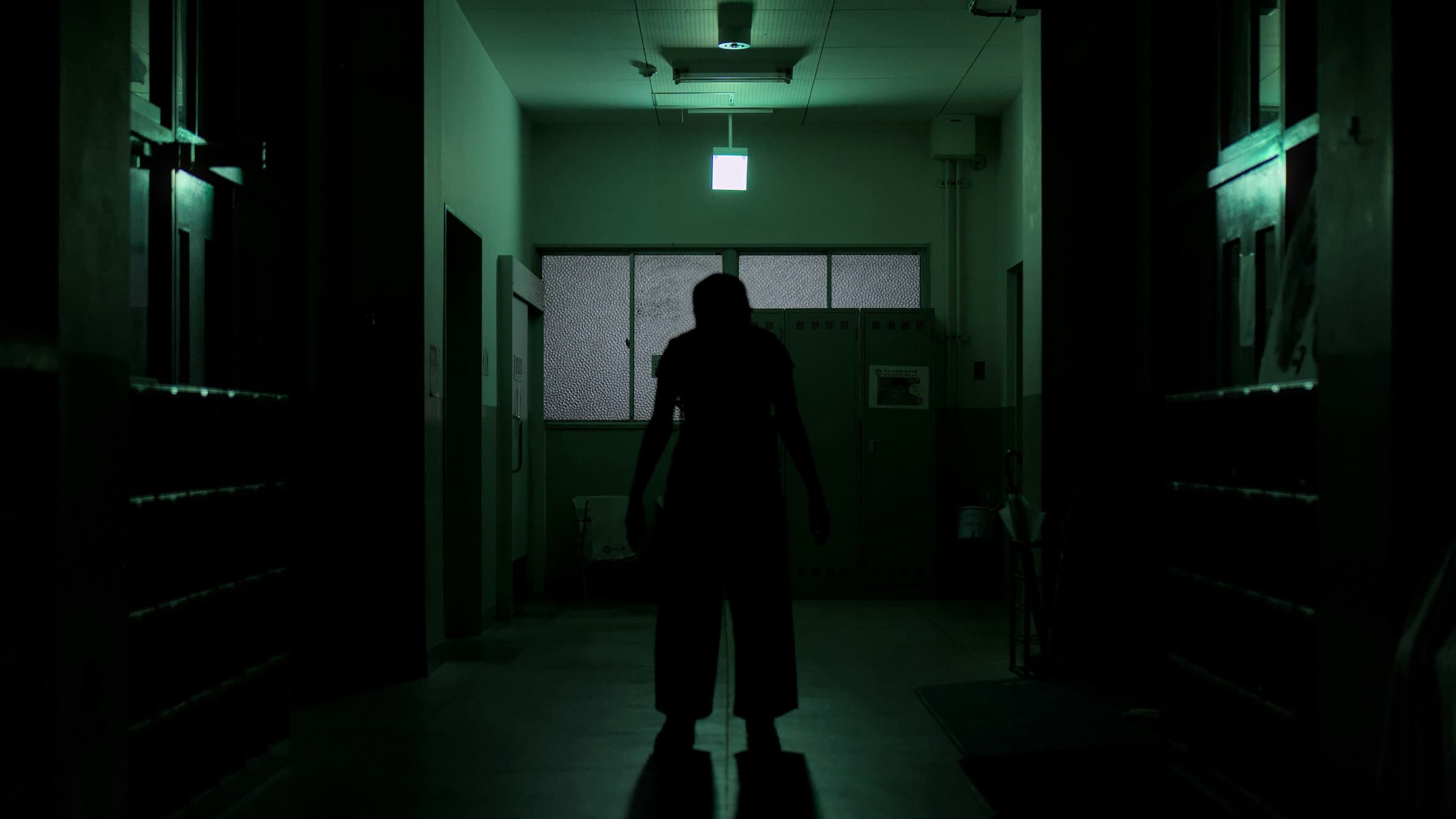 Silhouette of a person standing in a hospital corridor illuminated by green emergency lighting