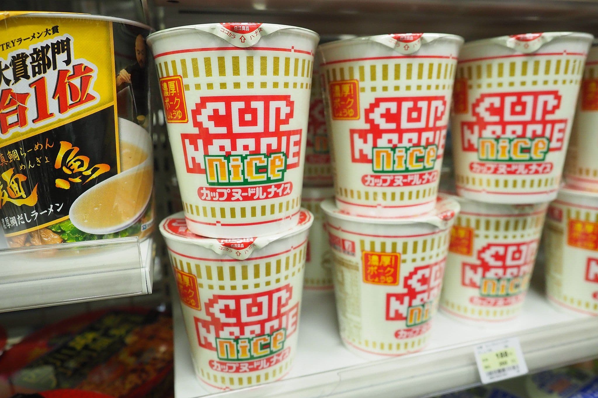 Cup Noodles on a shelf in a convenience store