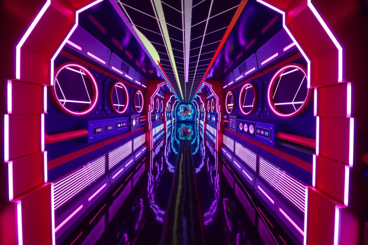 Interior corridor of Car 1 "Future Bird" immersive experience area, Future Train Kyoto Diner & Cafe