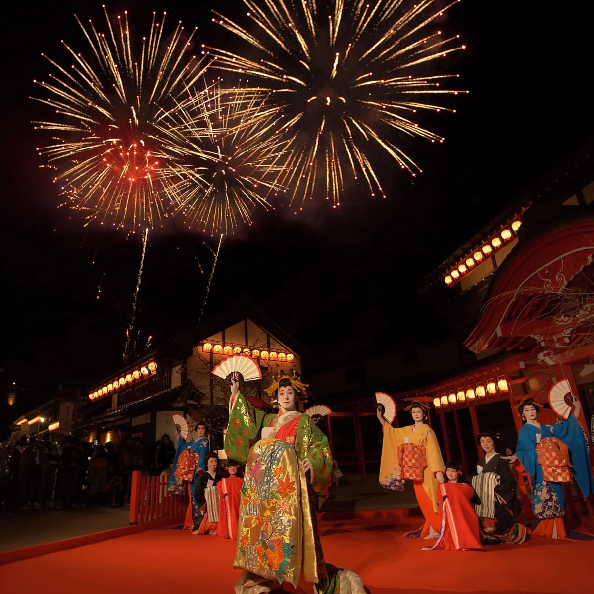 Oiran and Fireworks at the “Edo Wonder Night” Event in 2024 at Edo Wonderland Nikko Edomura