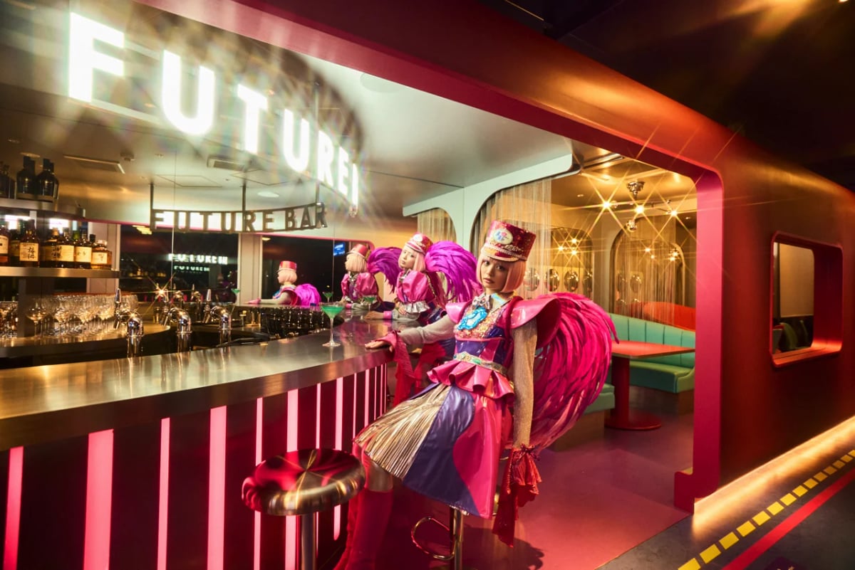 Future Bar area with character Pink Bird, Future Train Kyoto Diner & Cafe.